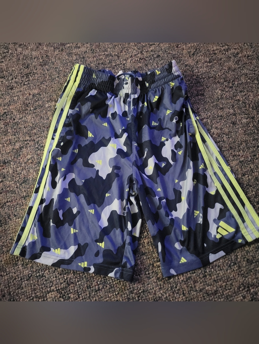 adidas Blue Camo Kids' Athletic Shorts with Neon Yellow/green Stripes